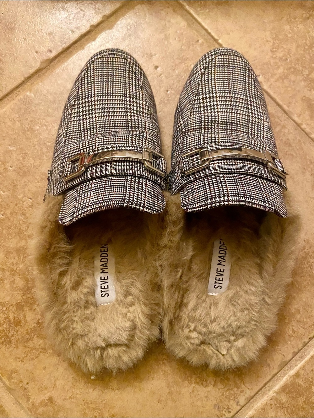 Steve Madden Black & White Plaid Faux-Fur Clogs with Gold Accent